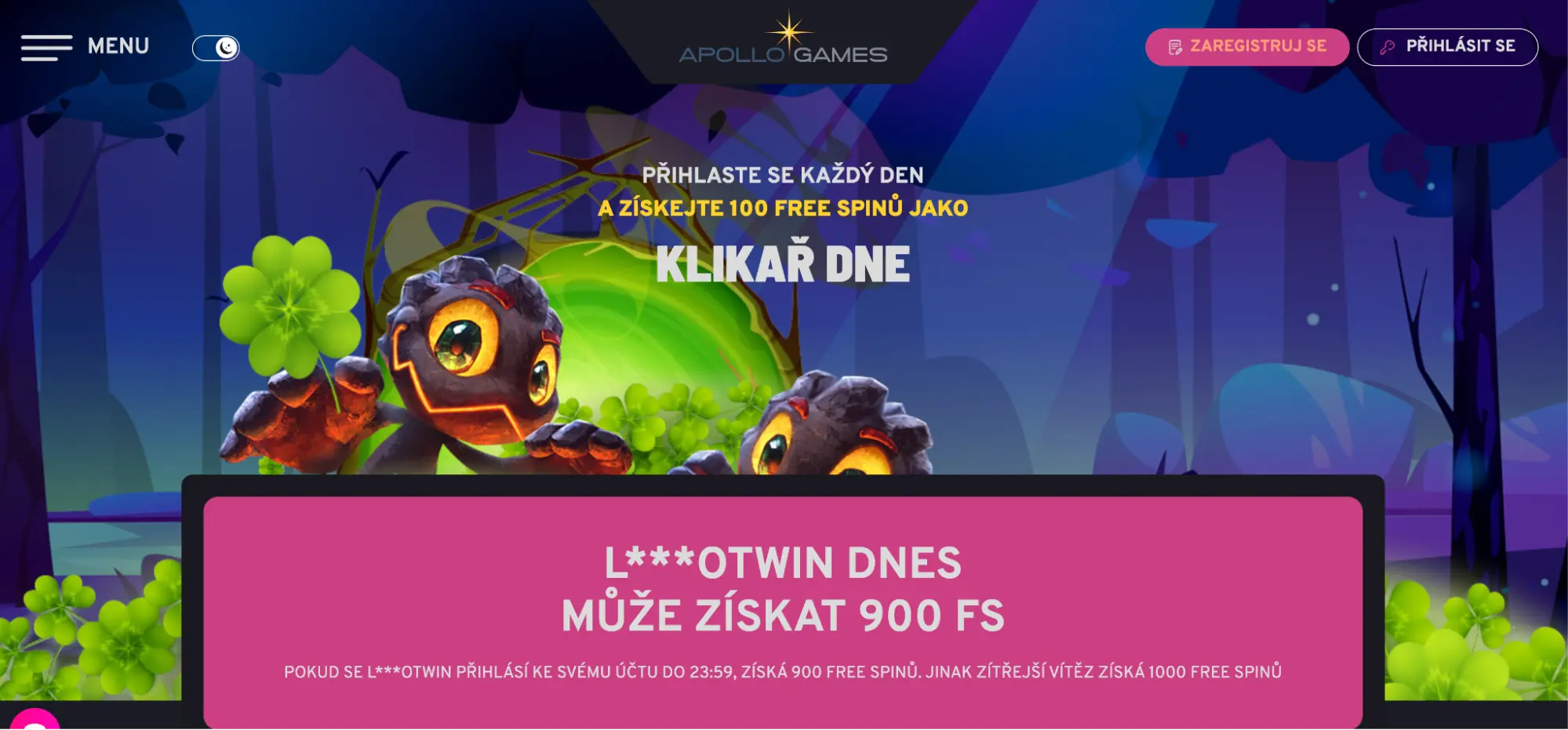 Apollo Games – denní bonus Klikář dne se 100 free spiny. Postavička z kamene s čtyřlístkem propaguje akci Apollo Games – Klikář dne se 100 free spiny.